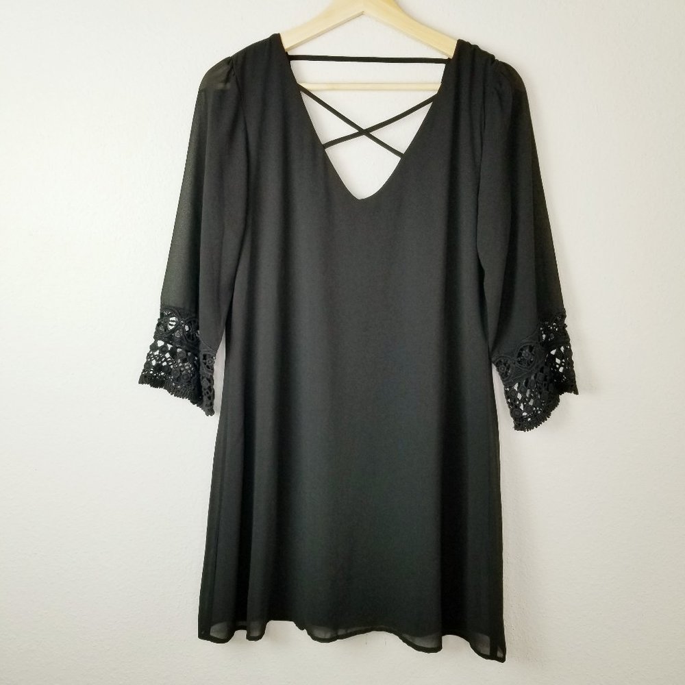 Want and Need Crochet Sleeve Shift Dress Black